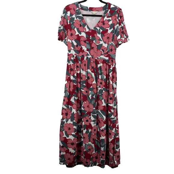 Seasalt Cornwall Size 6 Birch Leaf Midaxi Tea Dress Organic Cotton Red Floral - Picture 2 of 9